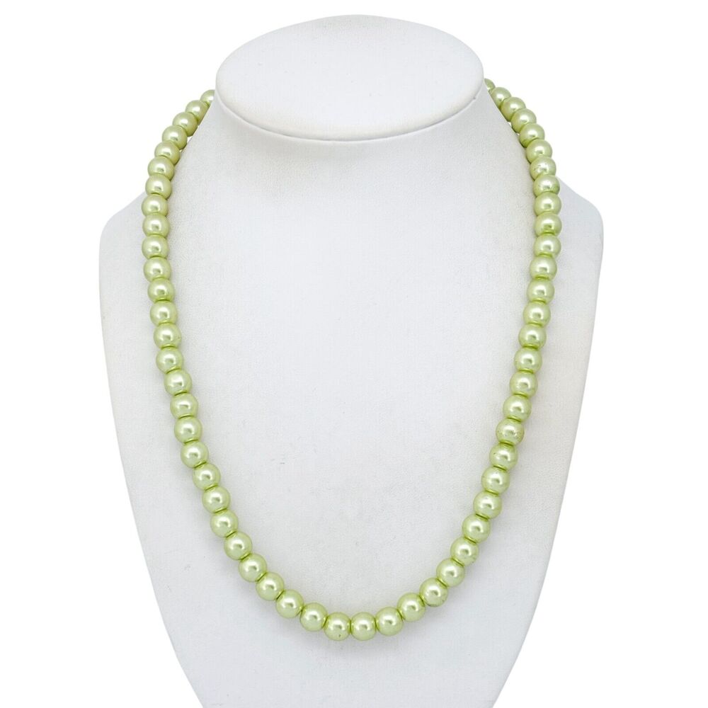Vintage Sterling Silver 925 8mm Green Imitation Pearl Necklace | 20"